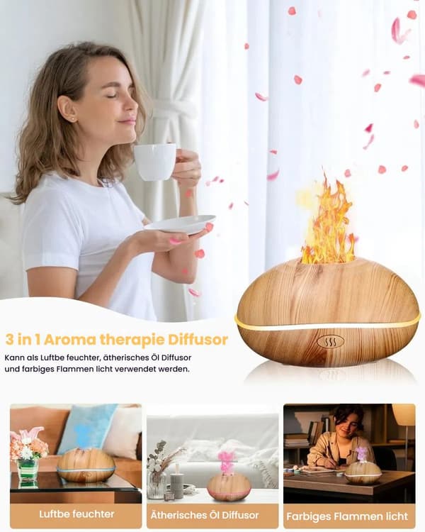 Aromaterapimaskine m/ flammeeffektlys, 200 ml diffuser luftfugter, 7-farvet lys aroma diffuser