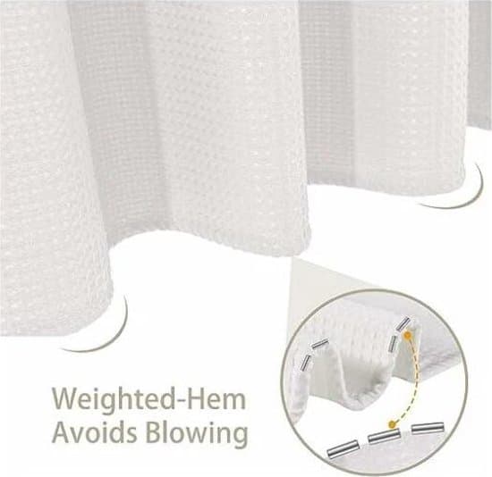 Vaffel badeforhæng, 80x180cm, hvid, meldugresistent polyester terningdesign med 6 plastikkroge