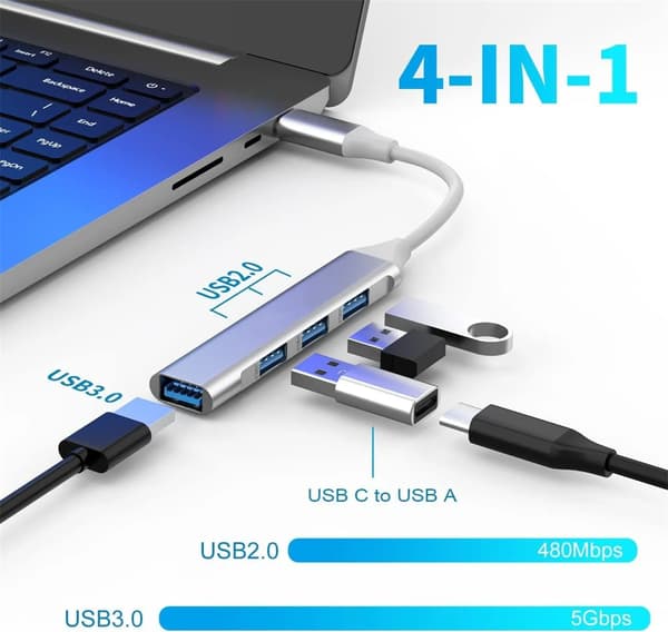 4-portars USB-C-hub och datasplitter i aluminiumlegering (silver)