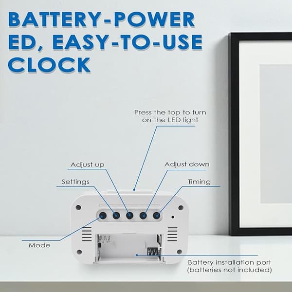 Digital väckarklocka, LED-display, intelligent temperaturväckarklocka, batteri, vit