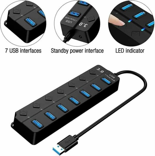 USB 3.0 Hub 7 USB-porte Uafhængig strømafbryder Strømforsynet USB 3.0 Hub Flere USB-porte PC'er Bærbare computere Mac Surface Pro
