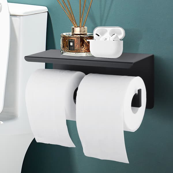 Dobbelt toiletpapirholder Rustfrit stål dobbelte kroge dækker sort