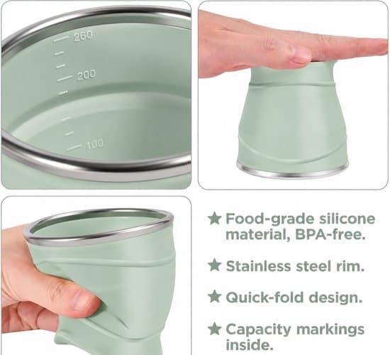 2-pack hopfällbara dricksmuggar i silikon med lock (260 ml, ljusgrön)