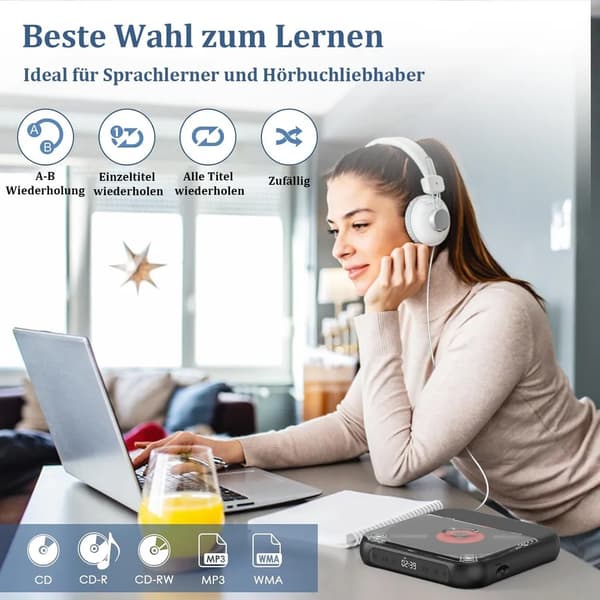 Kompakt ultratunn bärbar Bluetooth CD-spelare med USB-C snabbladdning, stöder MP3/WMA (Lila)