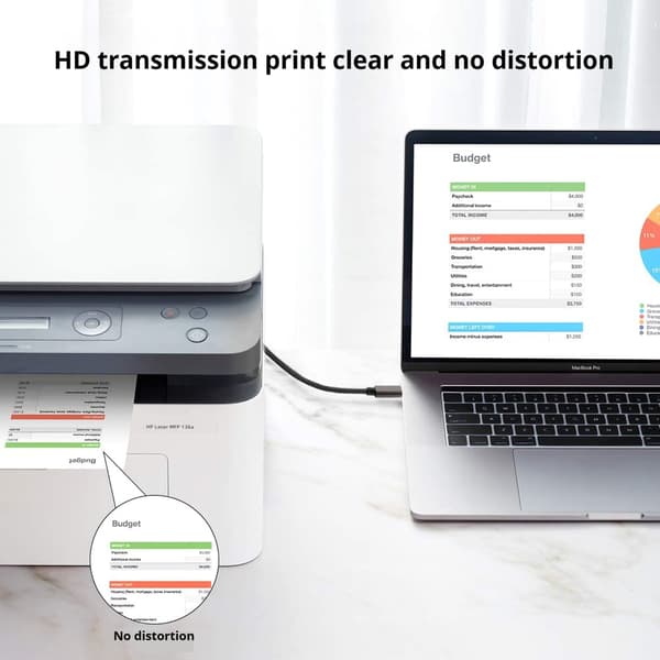 USB-B til USB-C datakabel, 3 meter, kompatibel med HP/Epson/Brother printere, sort.