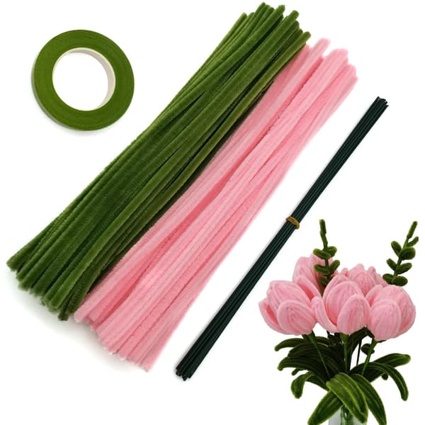 200-delars rosa/grön chenille piprensare & blomtejp pysselset