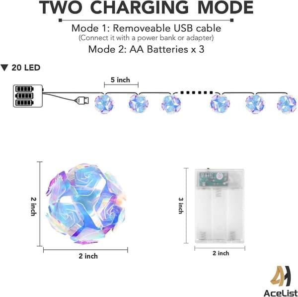 20 LED pallomainen diskomirrorivalosarja 3m USB-akku
