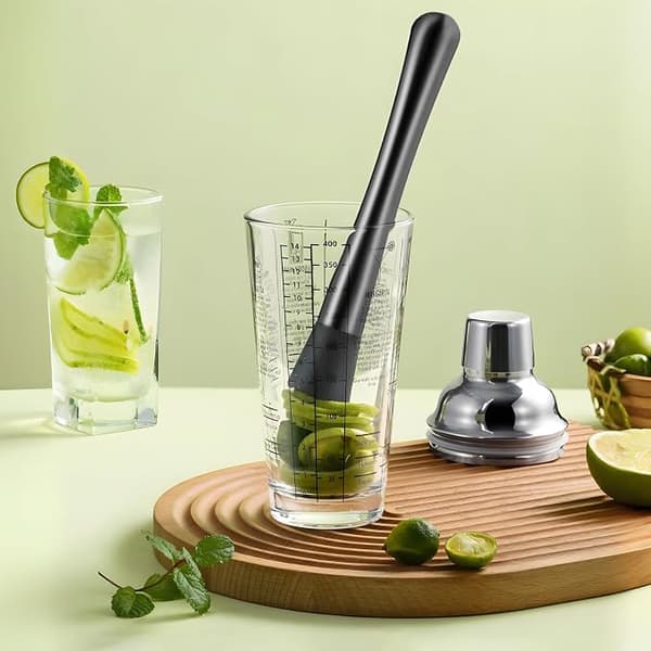 8-tommer cocktailmuddler og røreske i rustfrit stål, til mojitos og frugtdrikke (sort).