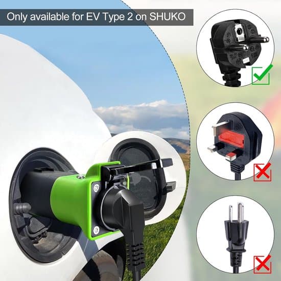 Grön vatten- och dammtät V2L Typ 2-Schuko-adapter 3.5kW 16A