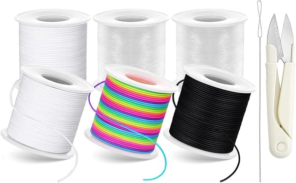 8-delt elastisk snor armbåndsfremstillingssæt - 6 spoler med saks og nåletråder