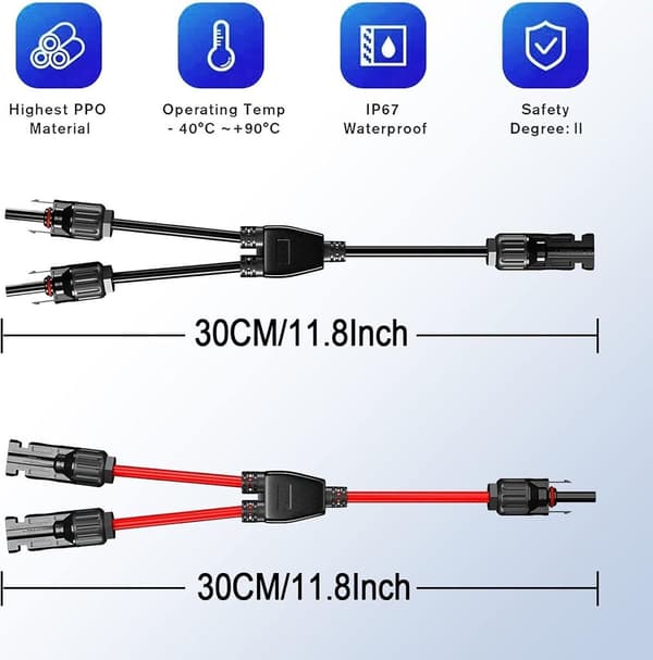 Par af solcellekabel Y-splitter – 6 mm² solpanel Y-forbindelse, MMF & FFM-forbindelse til solcelleanlæg