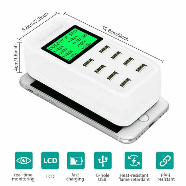 USB Hub Opladningsstation 8 Port Telefonoplader Multi Dock Strømadapter