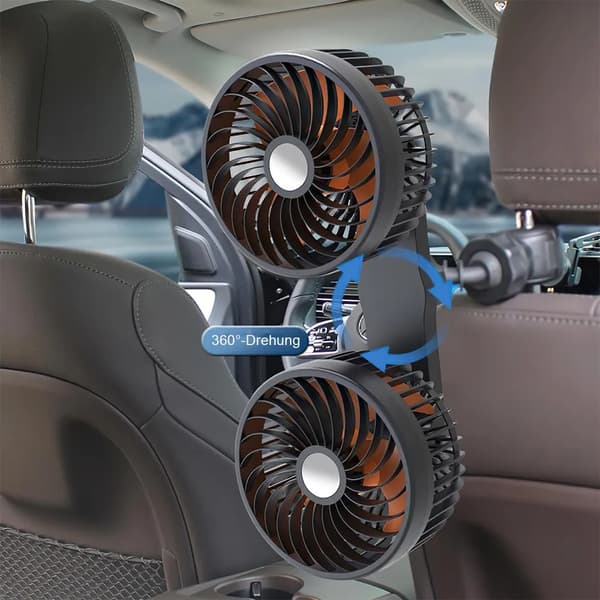 Dobbeltblæser bilventilator, USB-interface, tre hastighedsindstillinger, lydløs motor, 360° rotation, kraftig luftstrøm - Sort