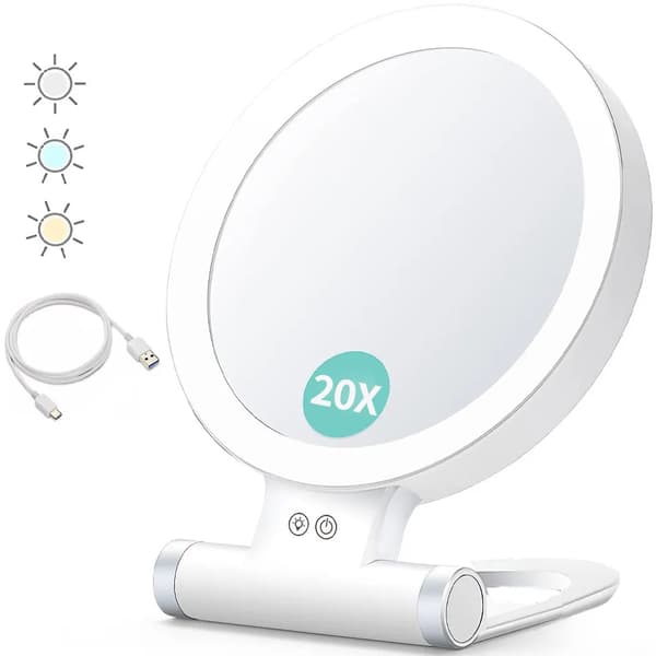 Bærbart LED makeup-spejl med 20x forstørrelse, dobbeltsidet, USB-opladning, foldbart