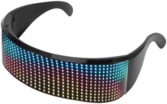LED-oplyste festbriller med Bluetooth-forbindelse, der muliggør programmering af tekst og animationer via en app.