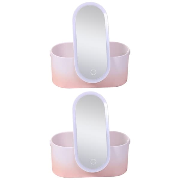 2 lyserøde ABS LED makeup spejl rejse desktop kosmetikholder