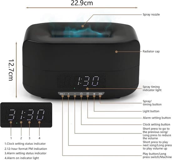 Lämplig för 3D Flame Aroma Diffuser 400ml Bluetooth-högtalare Klocka 7-färgs LED Fjärrkontroll Svart