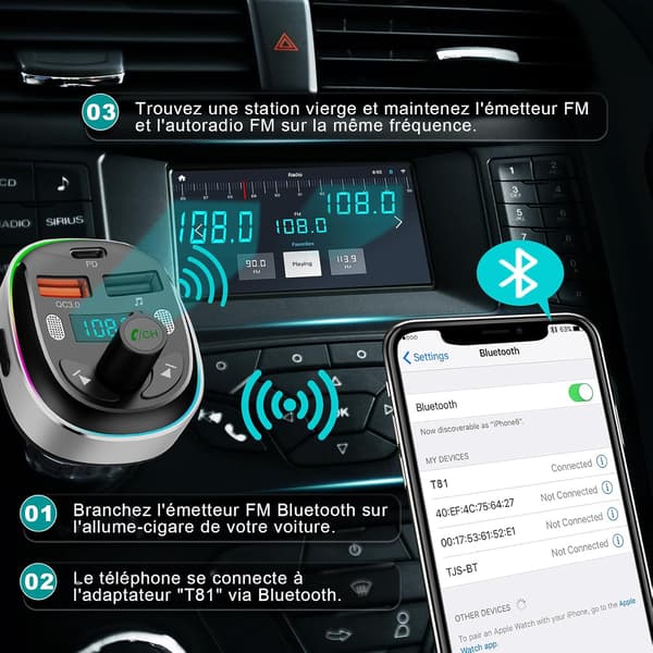 Bil Bluetooth 5.3 FM-sändare med PD 30W snabbladdning + QC3.0 stöder USB-uppspelning
