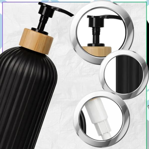 500 ml sæbedispenser, sort pumpeflaske, træåre-finish, badeværelse