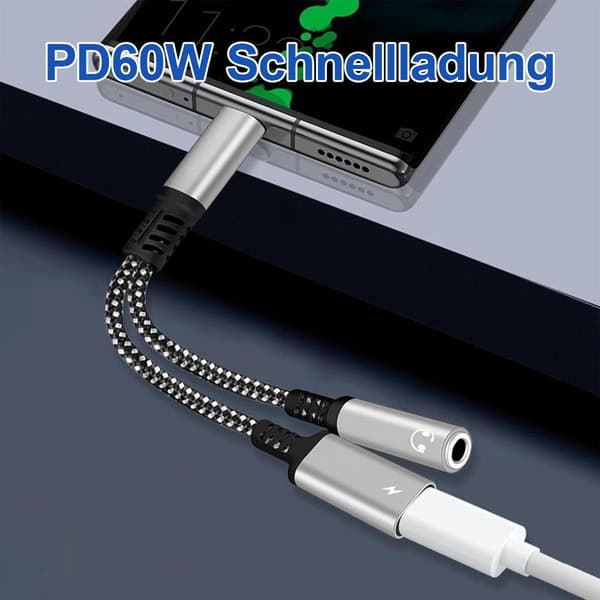 2-i-1 60W snabbladdande USB-C ljudadapter (silver)