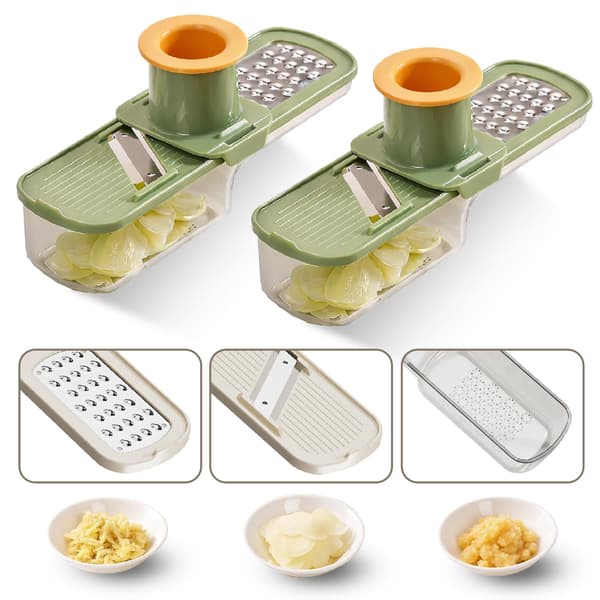 2-pack 3-i-1 Mini Mandolin och Vitlöks-/Ingefärsrivare med Handskydd (Grön)