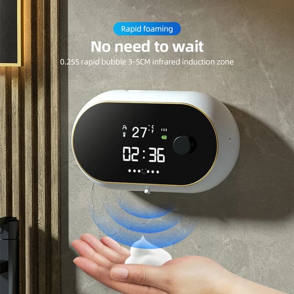 Automatisk skummende håndsæbedispenser, multifunktionel sæbedispenser, genopladelig skummende håndsæbedispenser m/ LCD-display, selvrensende, velegnet