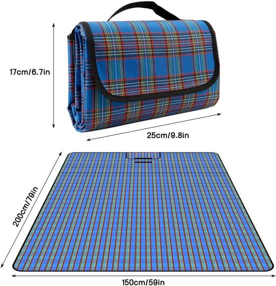 Blåt ternet picnictæppe - vandtæt, foldbart, 150x200 cm - med bærestrop - velegnet til strand, camping og have.