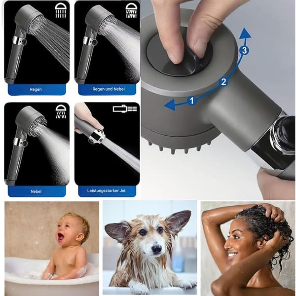 Højtryksbruser m/ filter & massagefunk., 3 tilstande, vandbesparende håndbruser, inkl. holder & slange, grå