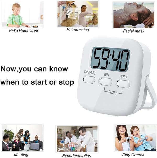 Digital kökstimer, stoppur/nedräkning, högt larm, LCD, för matlagning, bakning, studier (vit).