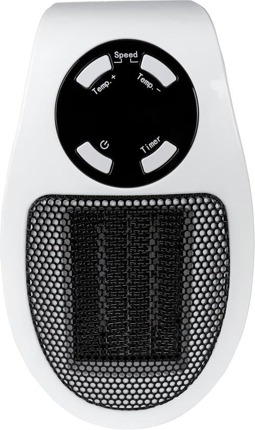 Mini-stikvarmer, PTC keramisk varmeelement, 90° drejelig stikprop, timerfunktion, LED-display, justerbar