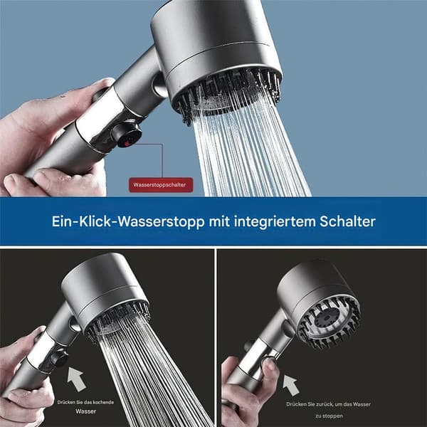 Højtryksbruser m/ filter & massagefunk., 3 tilstande, vandbesparende håndbruser, inkl. holder & slange, grå