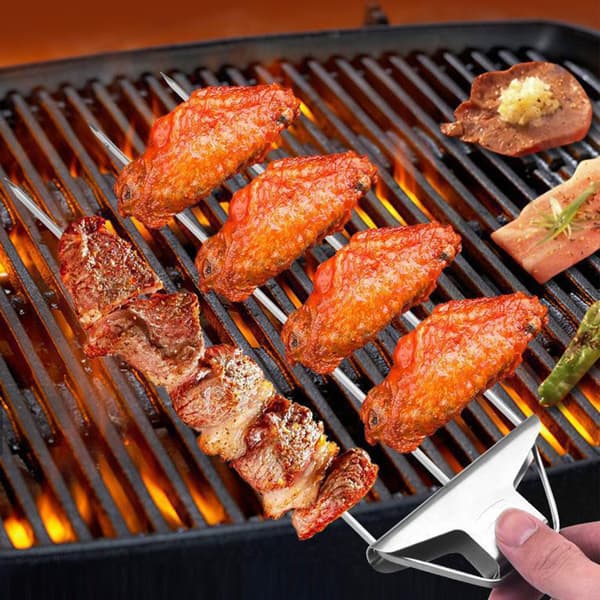 Grillgaffel i rustfrit stål, skydestang, uundværligt grilltilbehør.