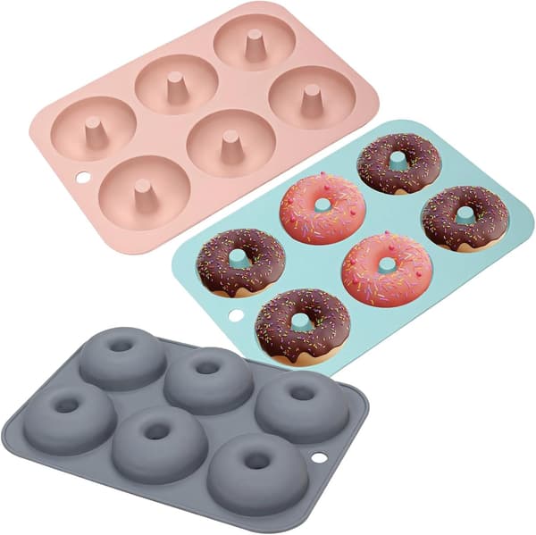 6-hålsdesign, blå, grå och rosa bakformssats för munkar, för hembakning, silikonmunkformar, 3-pack bagelformar