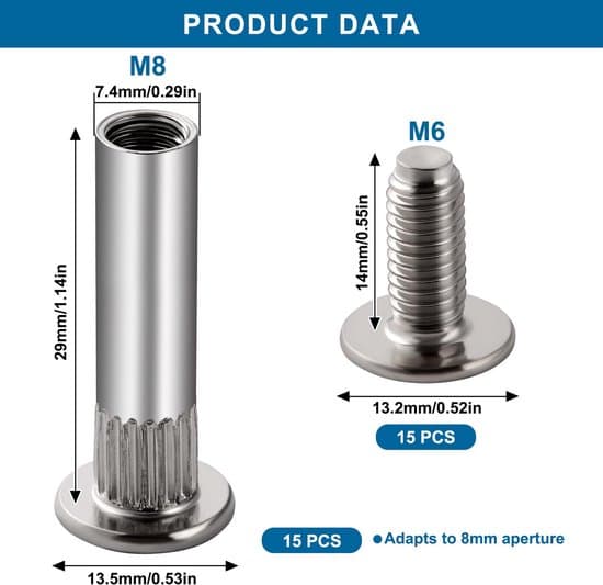 Møbelforbindelsesskruer og -bolte, 15-pak - Φ8 - M6 - egnet til 31-40 mm tykke plader.