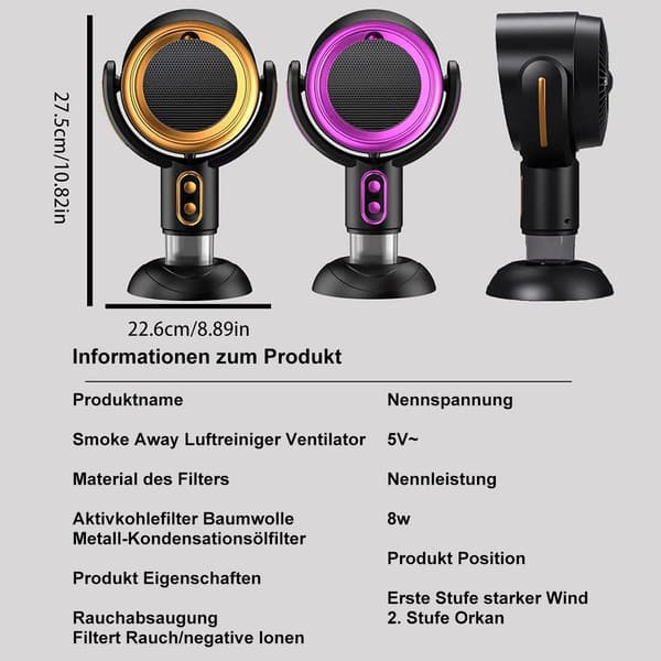 Røgudsugningsventilator, kompakt bordemhætte, miniventilator, røg- og luftrenser, til hjemmebrug - Guld