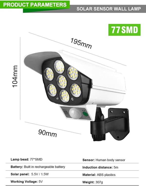 falsk kamera med solcellelys og 77 LED-spotlight med bevægelsessensor