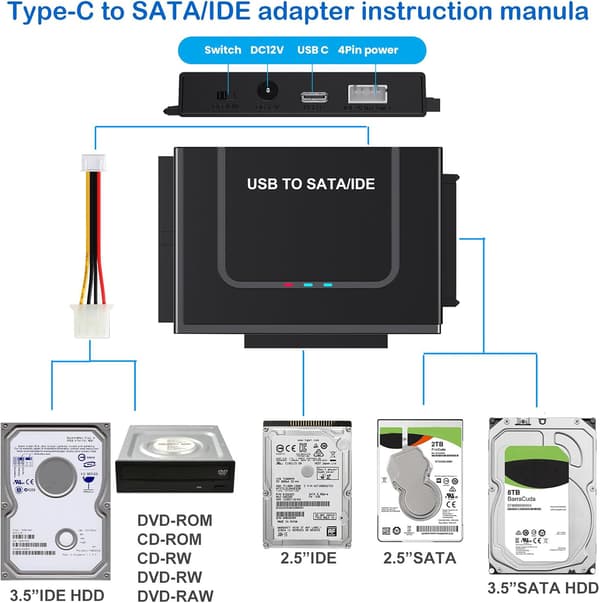 USB 3.0 till IDE SATA-adapter, USB Typ C hårddiskläsare Extern hårddiskadapter för 2,5/3,5 tums IDE SATA HDD SSD, 12V/2A strömadapter ingår