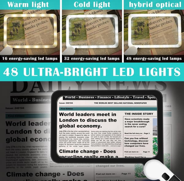 5X Stor Rektangulær Læseforstørrelsesglas 48 LED'er Makuladegeneration Seniorer Sammenklappelig