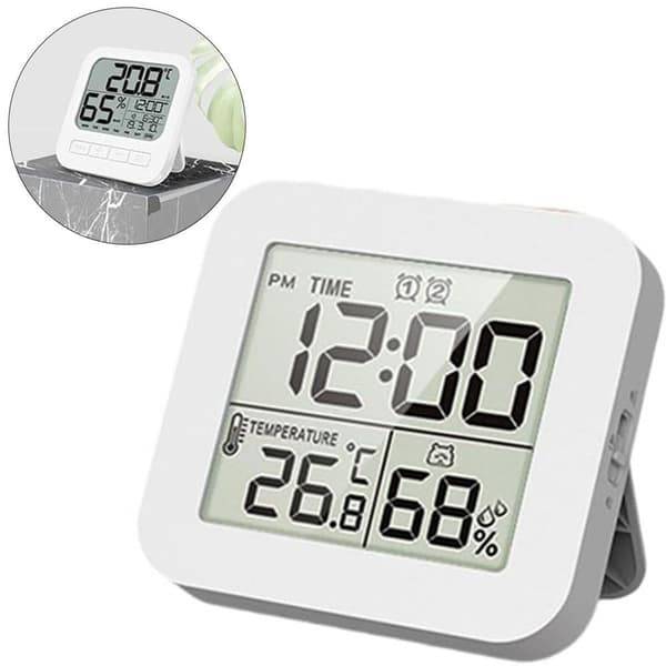Digitalt termometer og hygrometer, med ur og timer, 12/24-timers format, nedtællingstimer, 2 alarmer, hvid.