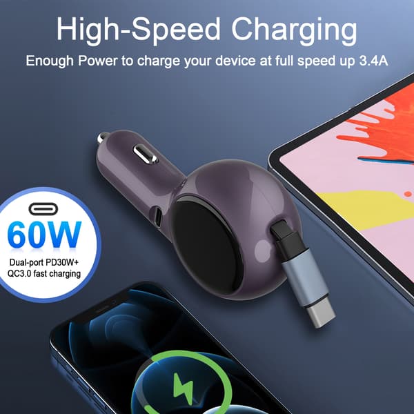 60W infällbar snabb billaddaradapter, kompatibel med iPhone, Samsung och Android-telefoner.