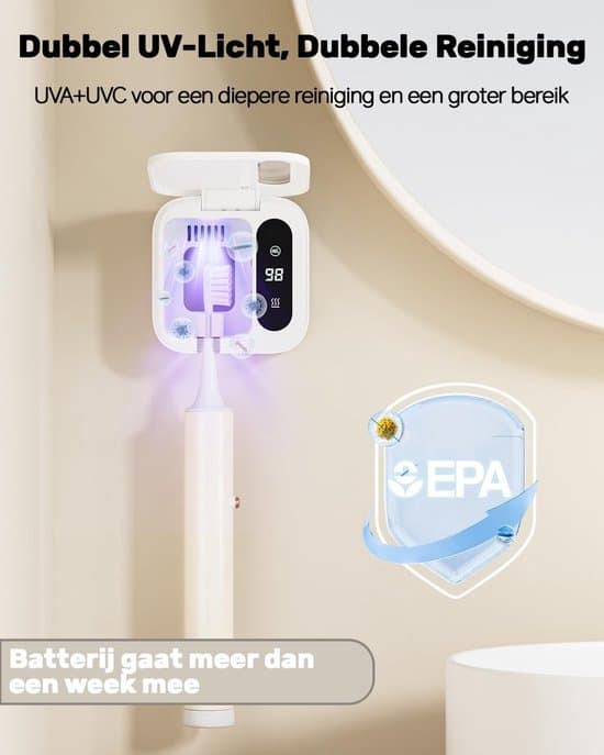 UV-tandbørstesterilisator - LED-skærm - Vægmontering - Hvid