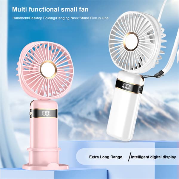 5-trins håndholdt køleventilator med LED digitalt batteridisplay.