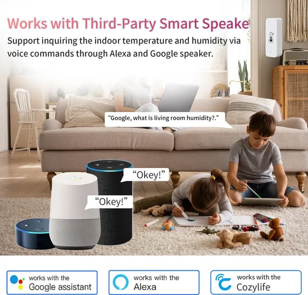 WiFi temperatur- och fukttestare, multifunktionell termometer, stöder appkontroll, kompatibel med Alexa och Google Assistant.