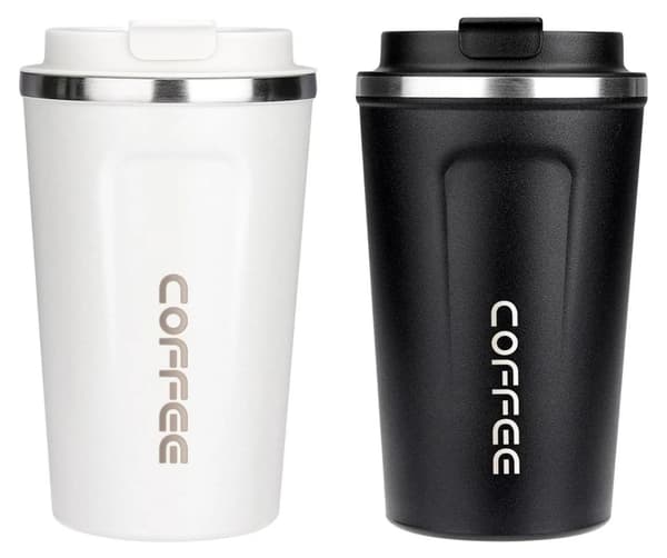 Resemugg, set om två, 380 ml, SS, läckagesäker, vit/svart