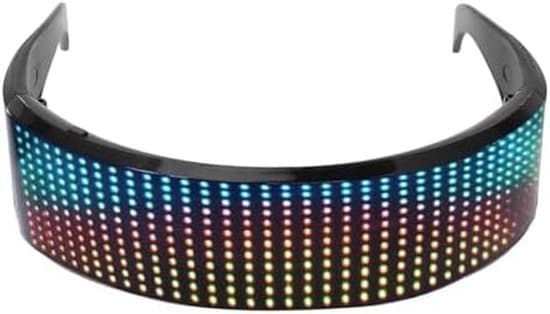 LED-oplyste festbriller med Bluetooth-forbindelse, der muliggør programmering af tekst og animationer via en app.