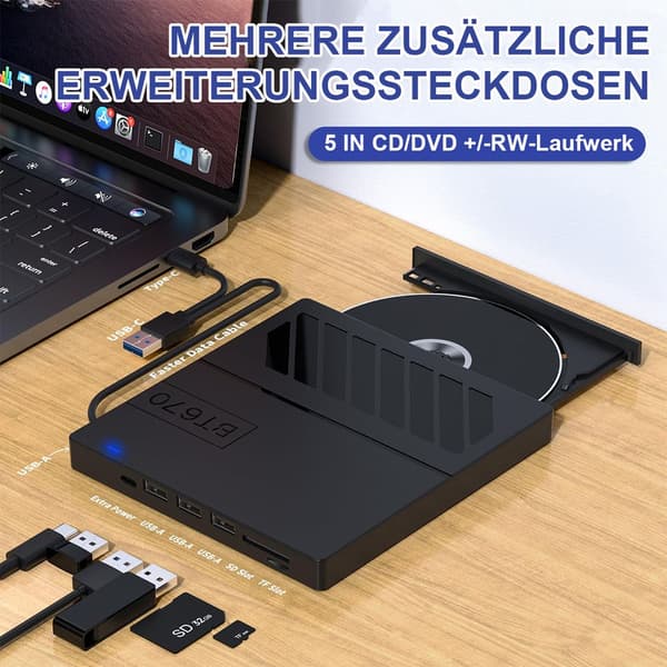 Eksternt CD/DVD-drev, 7-i-1 USB slankt bærbart CD/DVD-afspiller/brænder, slot-loading CD-ROM-brænder/skriver, velegnet til bærbare computere.