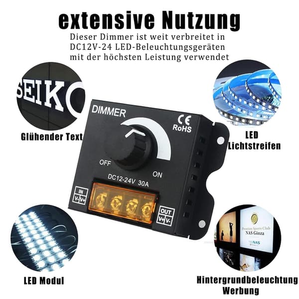 LED lysdæmper, DC 12V-24V, 30A, 360W, PWM-controller, sort aluminiumshus (2)