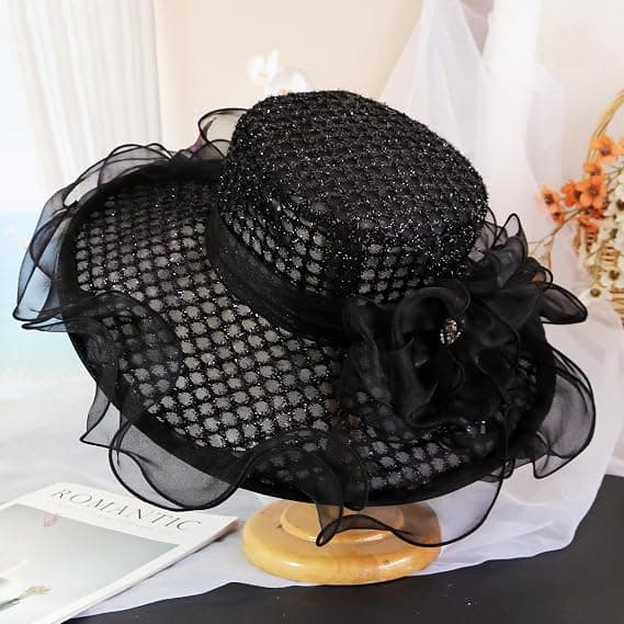 Elegant bryllupshat til kvinder med bred skygge og solbeskyttelse (sort)
