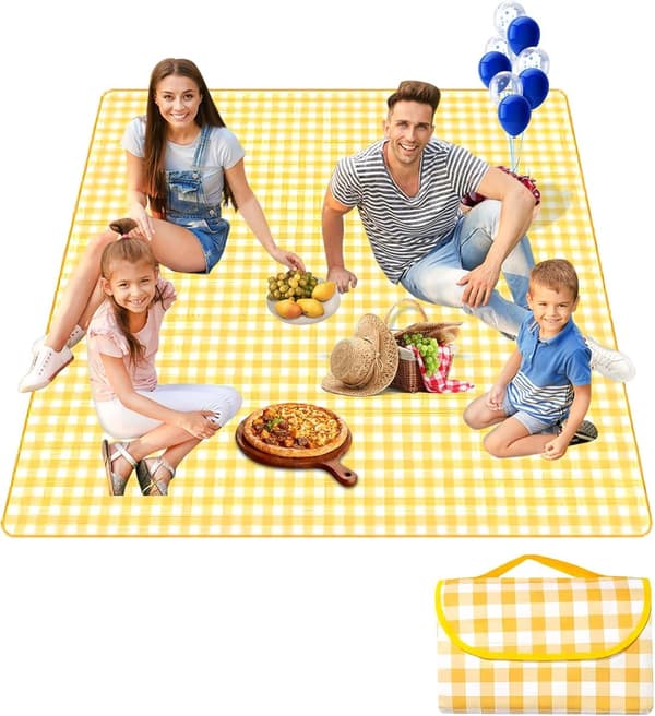Picknickfilt, bärbar picknickfilt, vikbar, gul- och vitrandig, 150 x 200 cm