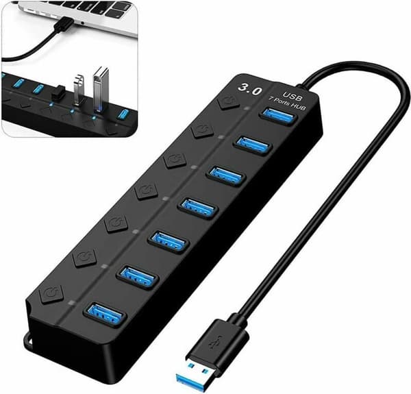 USB 3.0 Hub 7 USB-porte Uafhængig strømafbryder Strømforsynet USB 3.0 Hub Flere USB-porte PC'er Bærbare computere Mac Surface Pro